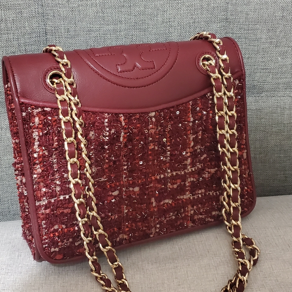 FLEMING CONVERTIBLE SHOULDER BAG tweed IN Burgundy - Picture 1 of 10